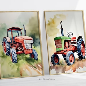 Watercolor Nursery Farm Tractor Print, Tractor Art Prints, Red Tractor Wall Art, Boys Room Decor, Farm Nursery Decor, Tractor Printable Art