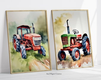 Watercolor Nursery Farm Tractor Print, Tractor Art Prints, Red Tractor Wall Art, Boys Room Decor, Farm Nursery Decor, Tractor Printable Art