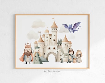 Medieval Nursery Art Print, Enchanted Kingdom Castle Print, Fantasy Dragon Nursery Art, Gender Neutral Kids Room Decor, Fairytale Watercolor