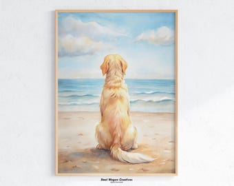 Arte de Golden Retriever, Decoración de guardería playera, Impresión de perro, Impresiones artísticas de animales para niños, Arte de casa de playa, Arte mural costero, Regalo para amantes de los perros, Digital
