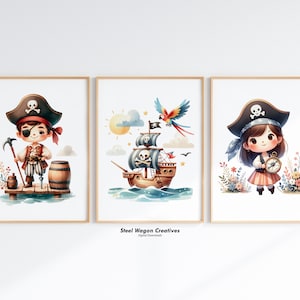 Cute Pirate Nursery Wall Art, Set of 3 Pirate Prints, Pirate Boys Room Decor, Toddler Pirate Kids Artwork, Digital Printable Playroom Art