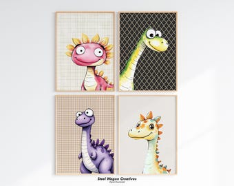 Grillige dinosaurus kinderkamer kunst, set van 4, dino kinderkamer prints, jongens kamer decor, dinosaurus kinderspeelkamer, dierenkwekerij, digitale printables