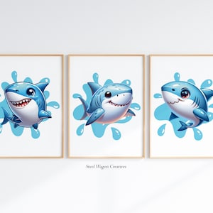 Cute Shark Nursery Wall Art Prints For Toddler Room - Blue Shark Printable Poster For Kids Room Decor - Animal Artwork for Bedroom Wall Art