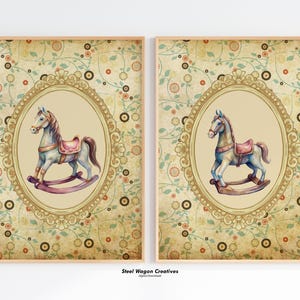 Rocking Horse Nursery Art, Vintage Inspired Decor, Girly Floral Print, Grandmillenial Wall Art, Girls Room Art, Cottagecore Kids Print