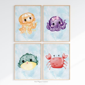 Under The Sea Creatures Nursery Wall Art, Jelly Fish Blowfish Crab Octopus Nursery Print, Ocean Art Work, Sea Life Painting, Kids Room Decor