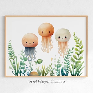Cute Jelly Fish Nursery Wall Art, Sea Life Paintings, Ocean Animal Kids Room Decor, Under The Sea Printable Art