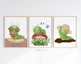 Cute Worm Nursery Wall Art, Garden Worm Prints, Inch Worm Printable Art, Green Earth Worm Art, Book Worm Art, Kids Room Decor, Child Bedroom