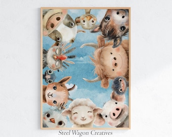 Cute Farm Animal Faces Nursery Art Work, Barnyard Animal Prints, Cow Horse Sheep Pig Duck Farm Animals, Digital Artwork