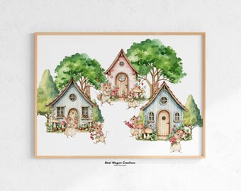Arte de pared para habitación de bebé con ratones, setas del bosque, láminas de cuentos para habitación de bebé, arte digital de bosque, ratones adorables imprimibles, arte para habitación de niña