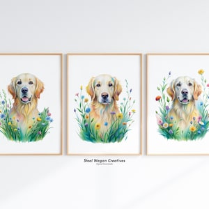 Cute Golden Retriever Dog Nursery Art, Set of 3, Watercolor Golden Retriever Print Posters, Wildflower Printable Wall Art, Digital Dog Art