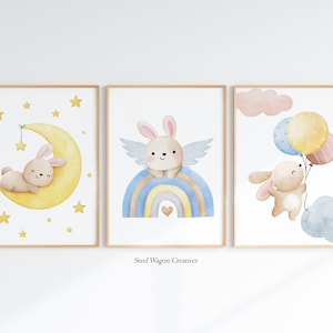 Cute Watercolor Bunny Rabbit Painting, Rabbit Nursery Wall Art, Bunny Colorful Art, Gender Neutral Kids Room Prints, Pastel Childs Decor