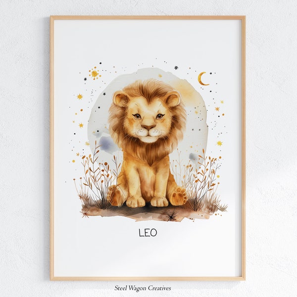 Leo Baby Zodiac Signs, Nursery Baby Leo Wall Art, Zodiac Leo Gifts, Leo Lion Nursery Art Print, Lion Kids Room, Leo Astrology Painting