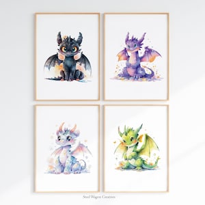 Dragon Nursery Wall Art, Set of 4, Fairytale Print, Fantasy Dragon Prints, Medieval Dragon, Enchanted Forest Animals, Dragon Kids Room Decor