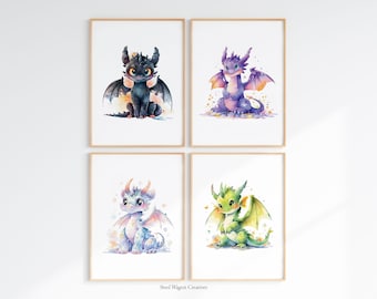 Dragon Nursery Wall Art, Set of 4, Fairytale Print, Fantasy Dragon Prints, Medieval Dragon, Enchanted Forest Animals, Dragon Kids Room Decor