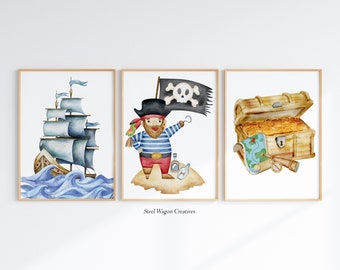 Arte de pared para guardería infantil con diseño de piratas, arte de acuarela con barco pirata, cofre del tesoro pirata, mapa pirata, decoración infantil con diseño de piratas, arte pirata imprimible