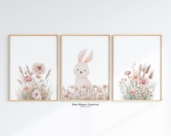 Grandmillenial Prints, Woodland Whimsy, Rabbit Art Print, Woodland Nursery Decor, Cottagecore Wall Art, Girly Art Prints, Pink Wall Decor