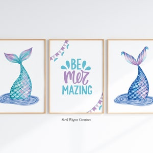 Cute Mermaid Tails Nursery Wall Art, Ocean Mermaids Girls Room Decor, Under The Sea Digital Prints, Watercolor Mermaid Sea Printable Art