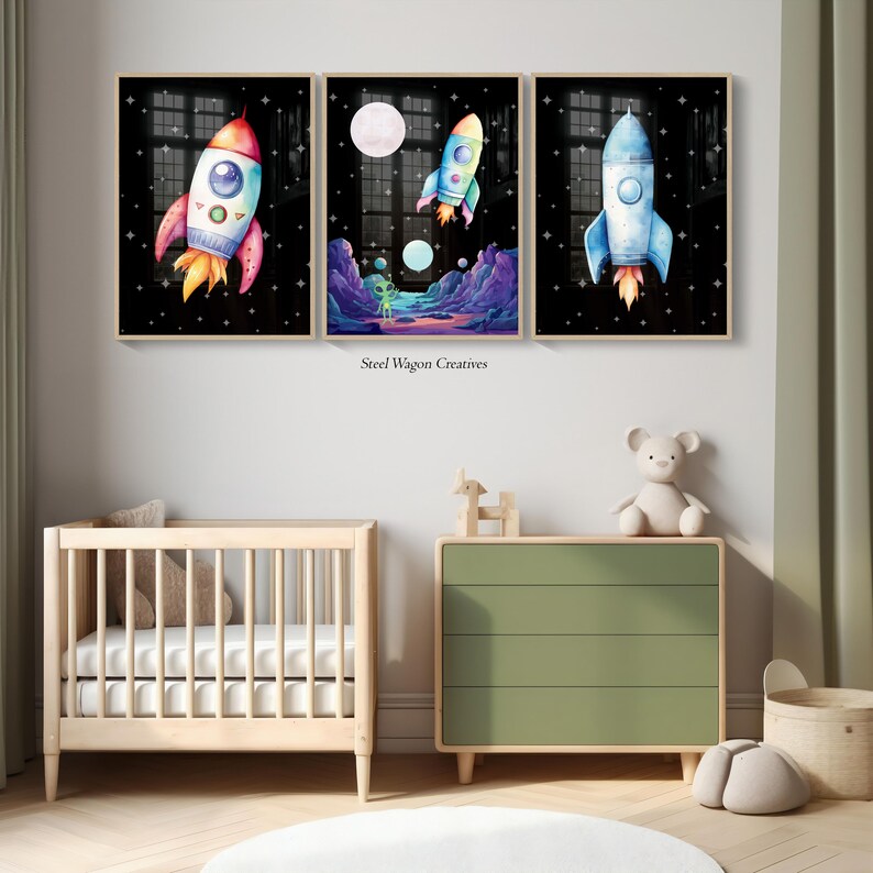 Watercolor Space Rocket Wall Art for Nursery Prints on Demand - Space ...