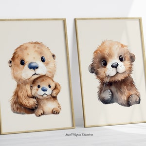 Cute Baby Sea Otter Nursery Wall Art, Watercolor Otter Animal Prints, Sea Animal Digital Art, Mom and Baby Otter Printable Art, Kids Room