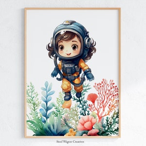 Colorful Scuba Diver Coral Reef Print, Under The Sea Nursery Wall Art, Girls Room Scuba Diving Wall Art, Printable Ocean Art