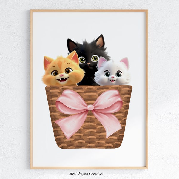 Cute Cat Art Work, Cats in a Basket Nursery Art, Cat Decor Childs Bedroom Print, Playful Cats Digital Printable Art, Furry Animal Prints