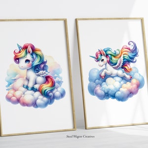 Unicorn Nursery Prints, Pastel Rainbow Bedroom Decor, Girly Prints for Girls Room, Whimsical Animals, Magical Fairytale Art, Fantasy Posters