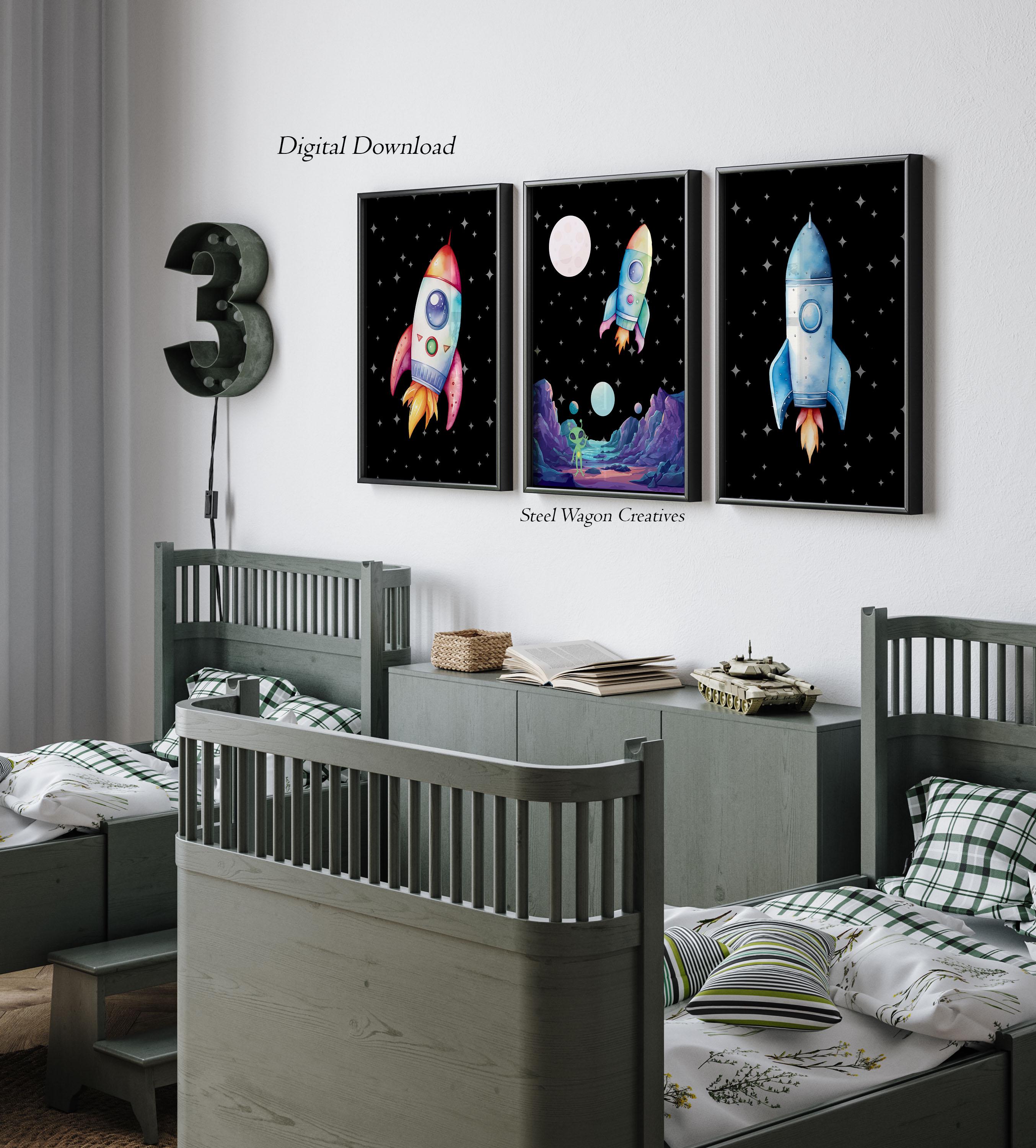 Watercolor Space Rocket Wall Art for Nursery Prints on Demand - Space ...