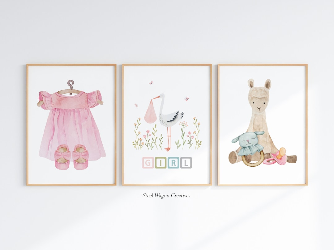 Cute Baby Girl Nursery Wall Art, Pink Kids Room Decor, Watercolor Stork ...