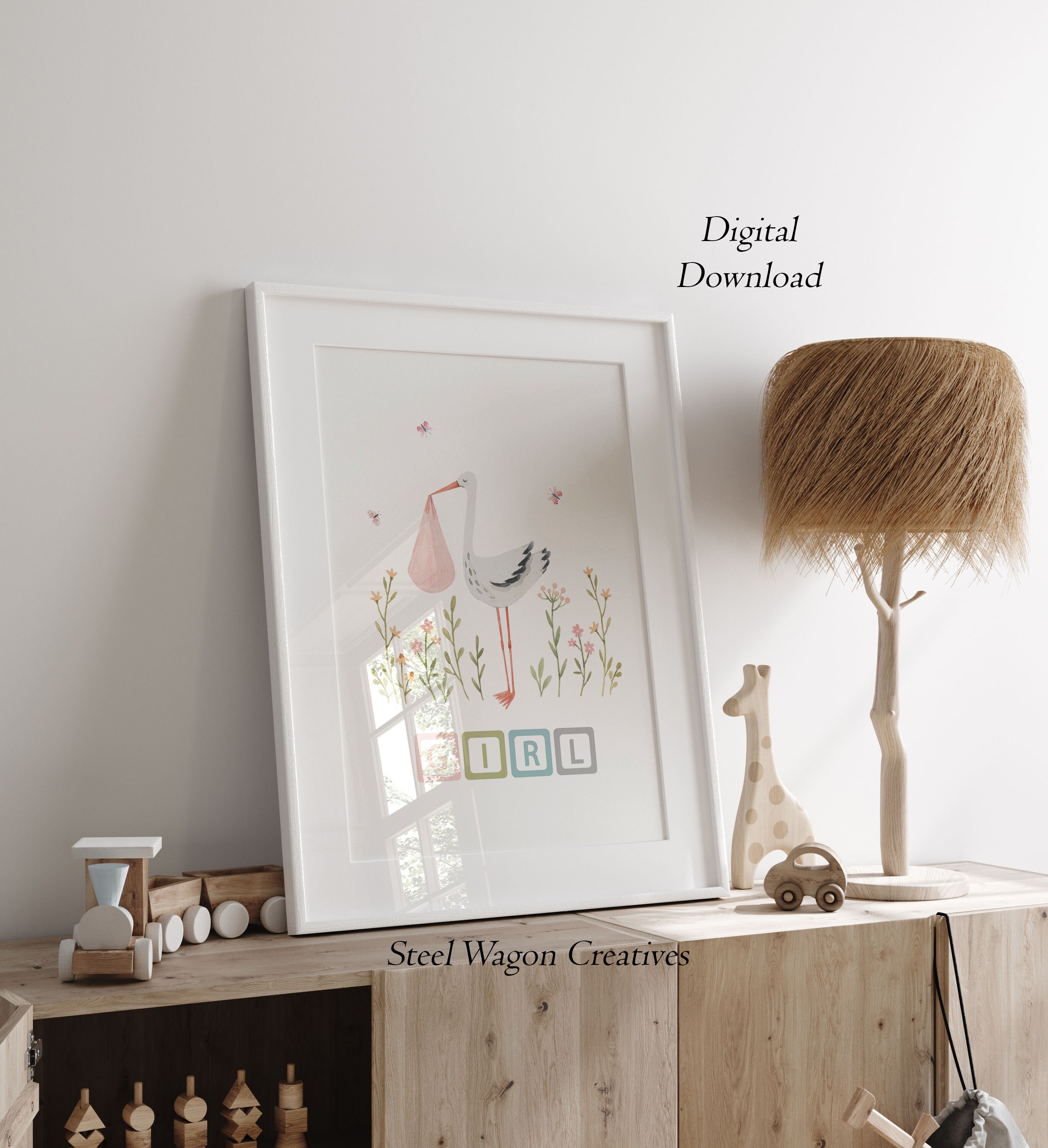 Cute Baby Girl Nursery Wall Art, Pink Kids Room Decor, Watercolor Stork ...