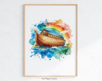 Noahs Ark Print, Noahs Ark Art, Watercolor Noahs Ark, Noahs Ark Watercolor, Noahs Ark Rainbow, Noahs Ark Pictures, Noahs Ark Decor