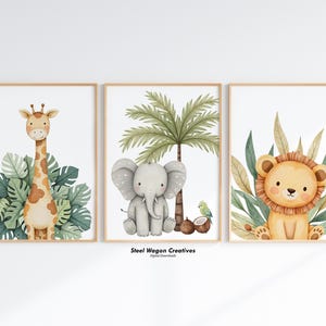 Safari Tier Kinderzimmer Drucke, 3er-Set, Dschungeltier Wandkunst, Giraffe, Elefant, Löwe digital bedruckbar, Kinderzimmer Dekor, Gender Neutral