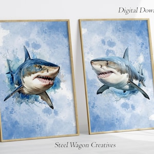Great White Shark Art Print Duo, Under The Sea Animal Art Work, Boys Room Wall Decor, Ocean Life Digital Art, Shark Printable Art