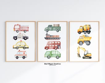 Transportation Nursery Prints, Construction Vehicles, Emergency Vehicle Wall Art, Kids Room Decor, Boys Playroom Artwork, Car, Truck Digital