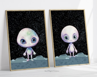 かわいいエイリアンプリント、2枚セット、宇宙の保育園の壁アート、宇宙の保育園アート、宇宙エイリアンポスター、ギャラクシーダウンロードデジタル、子供部屋