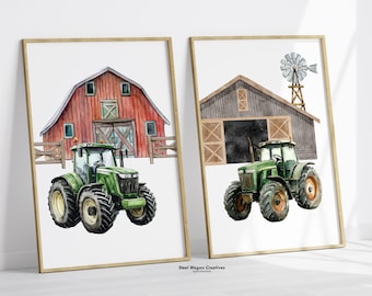 Arte de pared para habitación infantil con tractor de granja, impresión de granero rojo, decoración de habitación infantil, obra de arte de granja, sala de juegos para niños pequeños, estilo rústico, imprimible digitalmente