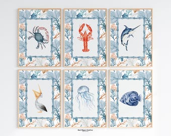 May include: Set of six watercolor illustrations featuring various sea creatures, including a crab, lobster, marlin, pelican, jellyfish, and a fish. Each illustration is framed with a blue and orange coral design.