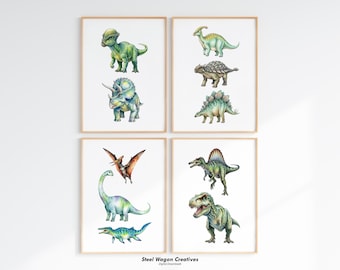 Dinosaurus kinderkamer kunst aan de muur, set van 4, dinosaurusafdrukken, dinosauruskunst, dino kinderkamer kunst, decor kinderkamer, digitaal kunstwerk, jongens speelkamer kunst, peuter slaapkamer