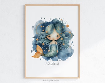 Aquarius Baby Zodiac Signs, Nursery Aquarius Poster, Aquarius Print Wall Art, Aquarius Gifts, Zodiac Kids Room Decor, Zodiac Printable Art