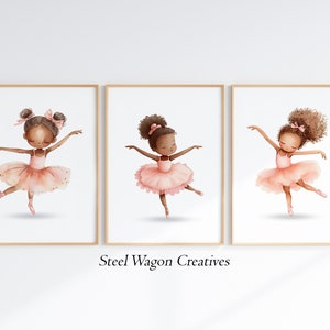 Ballerina Nursery Wall Art, Set of 3, Ballerina Nursery Print, Ballet Nursery Decor, Pink Girly Wall Art, African American Art Girls Room
