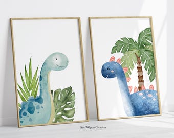 Dinosaur Nursery Art, Set of 2, Animal Artwork Print, Dino Boys Wall Art, Dinosaur Print, Kids Room Decor, Dino Poster Print, Printable Art