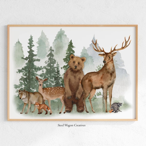Woodland Animal Nursery Art Work, Fox Bear Deer Wolf Watercolor Forest Printable Art, Boys Room Decor, Woodland Creatures Digital Art