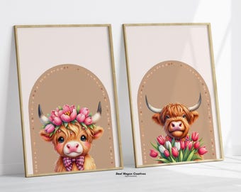 Highland Cow Nursery Prints, Farm Nursery Decor, Farm Animal Wall Art, Pink Girl Nursery Art, Baby Highland Cow, Kids Room Decor, Flowers