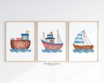 Cute Sailboat Nursery Art, Set of 3 Sailing Prints, Nautical Nursery Prints, Blue Boy Nursery, Ocean Transportation, Sea Coastal Printables