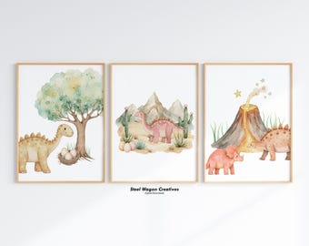 Decor dinosaurus kinderkamer, set van 3 dinosaurusafdrukken, dino kinderkamer kunst voor jongenskamer, dinosaurus posterafdrukken, dierenkwekerij kunst kinderen, digitaal