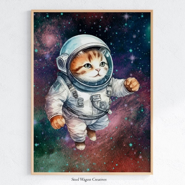 Cat Astronaut Outerspace Wall Art, Outerspace Nursery Printable Art, Space Theme Art Print, Nursery Cat Print, Watercolor Cat Space Art