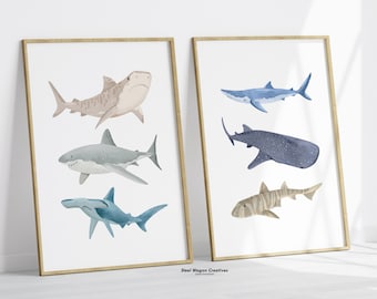Shark Nursery Art, Whale Shark Print, Hammerhead Shark, Great White Shark, Sea Life Posters, Fisherman Aesthetic, Ocean Animal Kids Room