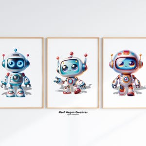 Cute Robot Prints, Set of 3, Futuristic Prints for Boys Room, Fantasy Nursery Decor, Whimsical Wall Art for Kids Playroom, Digital Robots
