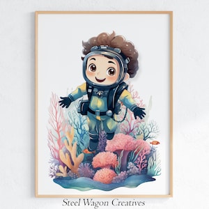 Under The Sea Scuba Diver Boys Room Wall Art, Coral Reef Ocean Nursery Digital Print, Sea Life Diving Colorful Art, Printable Wall Art