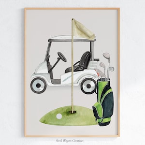 Sztuka ścienna do pokoju dziecięcego z golfem, wystrój sportowy do pokoju chłopców, wózek golfowy do wydrukowania, cyfrowa sztuka piłki golfowej, plakat dla dzieci z golfem, natychmiastowe pobieranie cyfrowe