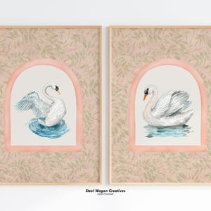 Watercolor Swan Print, Swan Nursery Print for Girls, Vintage Inspired Art, Cottage Core Art Print, Grandmillenial Wall Art, Swan Art Print